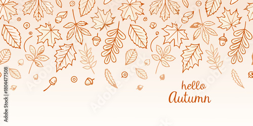 Hand drawn autumn leaves and acorns border with hello autumn text