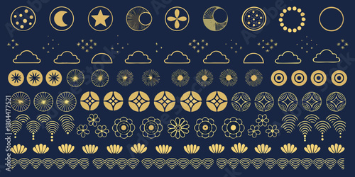 Collection of golden japanese inspired geometric and organic decorative elements on dark blue background