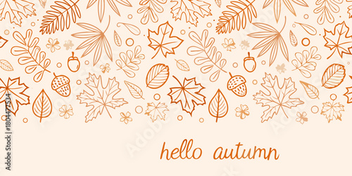 Seamless pattern of hand drawn autumn leaves acorns and flowers in warm orange tones with hello autumn text