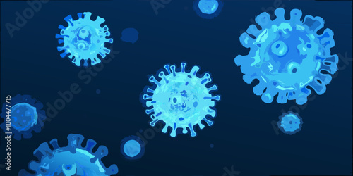 Abstract blue virus particles floating in dark space representing a microscopic view of infectious disease