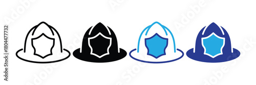 Set of four distinct firefighter helmet icons: line art, solid fill, outline with blue accents, and fully colored blue, symbolizing safety and protection.