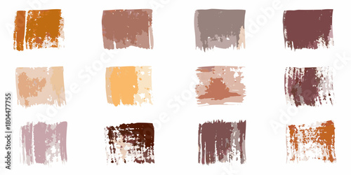 Collection of twelve abstract paint brush stroke swatches in earthy tones and muted colors