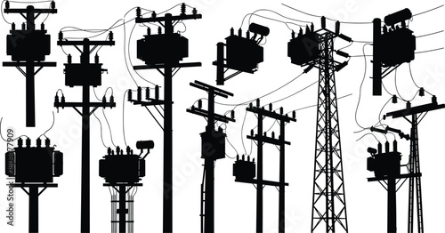 Electric Power Distribution Silhouettes Vector Set: Utility Poles, High Voltage Transformers, and Transmission Tower for Energy Grid.