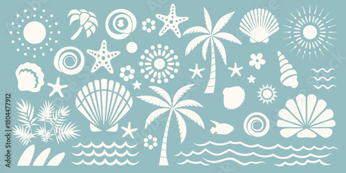 Collection of white tropical beach and ocean icons on a light blue background