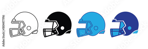 Four different american football helmets shown side by side with varying line weights and colors: outline, black, bright blue, and dark blue.