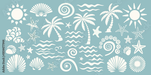 Collection of white tropical beach elements including palm trees seashells starfish and sun on blue background