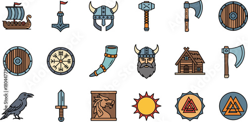 Set of colorful Viking icons and Norse mythology symbols.