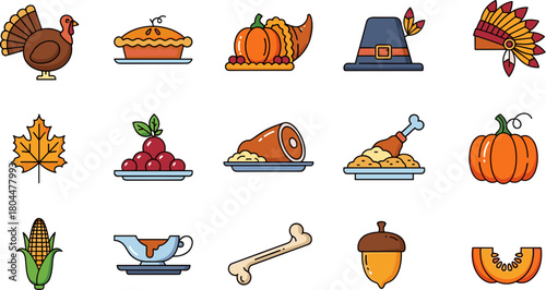 Thanksgiving holiday flat line icon set with traditional food and symbols.