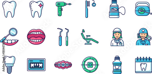A comprehensive set of colorful line icons for dentistry and oral hygiene.