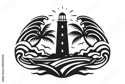 Silhouette lighthouse stands between two palm trees and sea waves with birds flying