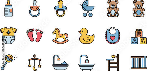 Set of colorful baby and newborn essentials vector icons.