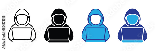 Hacker icon set with laptop computer in line art and solid fill styles, representing cybersecurity and online threat concepts.