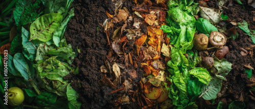 Overhead view of composting materials with leaves, food scraps, and garden waste mixed together