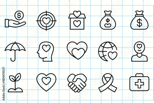 Collection of hand drawn icons representing charity and giving