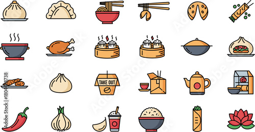 Vector icon set of traditional Chinese food and drink elements.