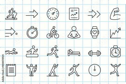 Doodle icons of fitness, health, and wellness activities and concepts.
