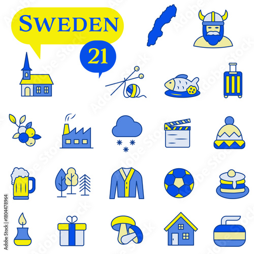 A set of icons in blue and yellow colors dedicated to life in Sweden.