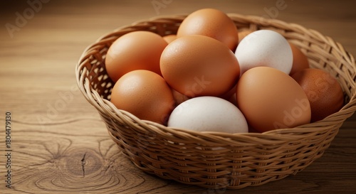 Brown and white eggs in rustic bowl