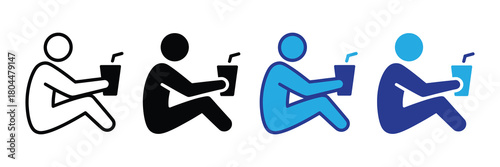 Stylized human figures in various colors sitting and holding disposable cups with straws, isolated icons representing relaxation and beverages