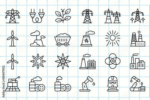 Collection of clean and renewable energy icons on a grid background