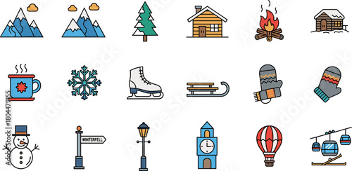 Set of colorful hand-drawn winter theme icons for travel and leisure.