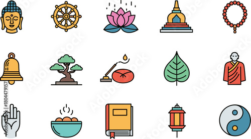 Colorful outline icon set representing Buddhism and Asian spirituality.