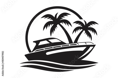 Silhouette illustration shows a boat sailing on waves, flanked by two palm trees