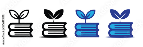Iconographic representation of knowledge growth: a sapling sprouts from a stack of books, symbolizing education, learning, and development in various styles.