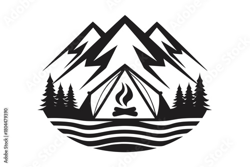 Silhouette mountains rise above tent and forest, while a campfire burns brightly