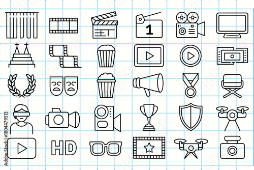 Collection of hand drawn film and movie production icons and symbols