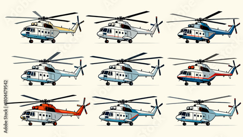 A collection of various styles of helicopters, with cartoon hand-drawn vector illustrations