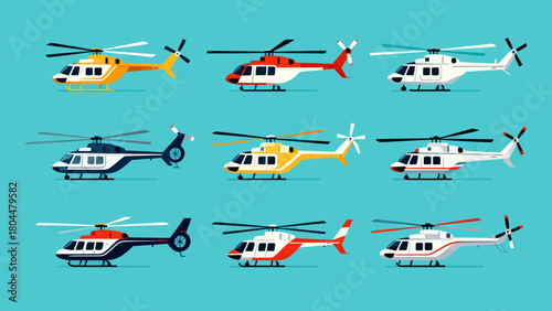 A collection of various styles of helicopters, with cartoon hand-drawn vector illustrations