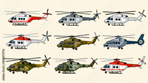 A collection of various styles of helicopters, with cartoon hand-drawn vector illustrations