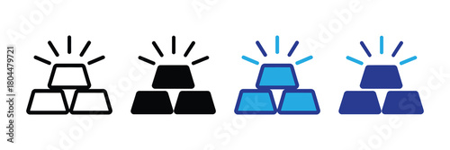 Set of four gold ingot stack icons with shining effect, representing value, wealth, investment, and financial success in different styles: outline, solid black, and two shades of blue.