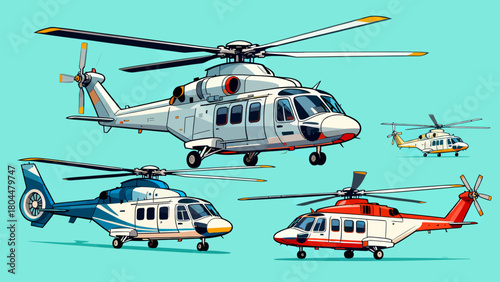 A collection of various styles of helicopters, with cartoon hand-drawn vector illustrations