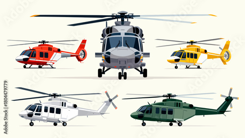 A collection of various styles of helicopters, with cartoon hand-drawn vector illustrations