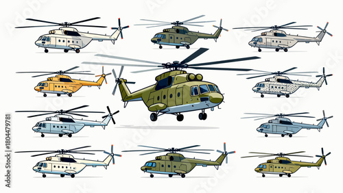 A collection of various styles of helicopters, with cartoon hand-drawn vector illustrations