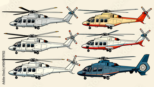 A collection of various styles of helicopters, with cartoon hand-drawn vector illustrations