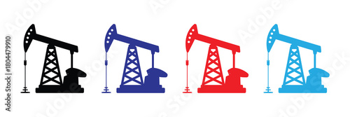 Set of four colorful oil pump jack silhouette icons representing petroleum extraction and energy industry on white background