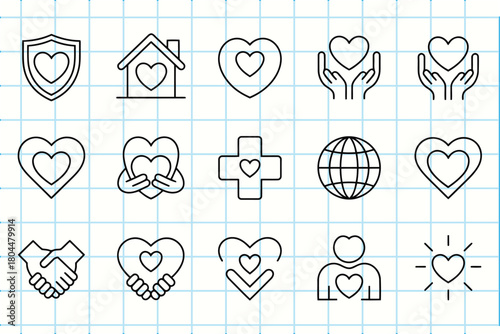 Heart icons collection: love, care, health, and connection symbol set