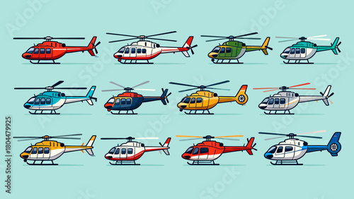 A collection of various styles of helicopters, with cartoon hand-drawn vector illustrations