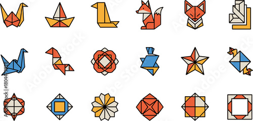 Collection of colorful origami paper craft icons and symbols.