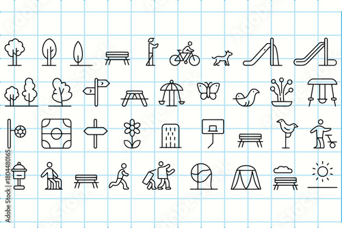 Park elements doodle icons collection: recreation and nature.
