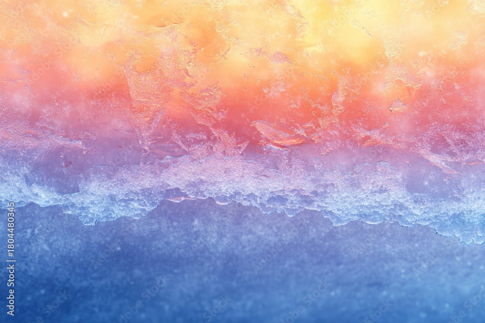 Fototapeta premium Abstract close-up of vibrant ice with a dramatic color gradient, transitioning from warm yellow-orange to cool purple-blue hues.