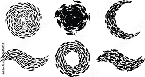 Fish school formation vector, aquatic pattern illustration, marine life silhouette, dynamic fish arrangement, editable flat design, black graphic art
