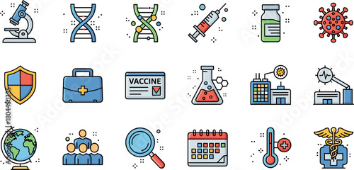 Comprehensive set of medical and scientific icons for healthcare and research.