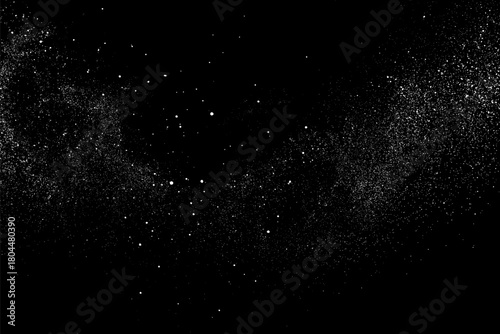 Distressed white grainy texture. Dust overlay textured. Grain noise particles. Snow effects pack. Rusted black background. Vector illustration, EPS 10. 