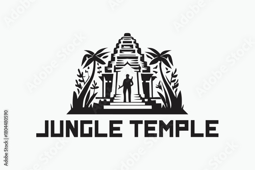 Silhouette of a person visiting the jungle temple surrounded by palm trees