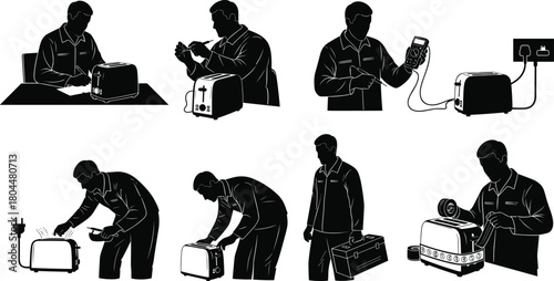 Man Repairing Toaster, Kitchen Equipment Maintenance, Testing Electric Plug, and Small Appliance Service Technician Consulting Vector.