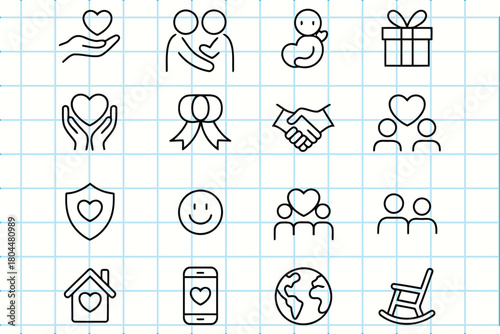 Collection of hand drawn icons representing love family care and community